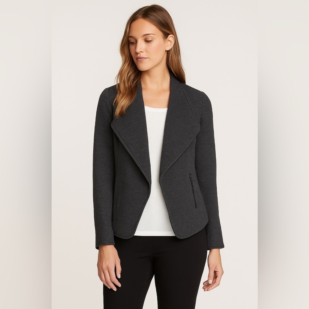 Nic+Zoe Women’s Petite Jacket Gray Open Front Zip Trim Business Casual Size 0P‎